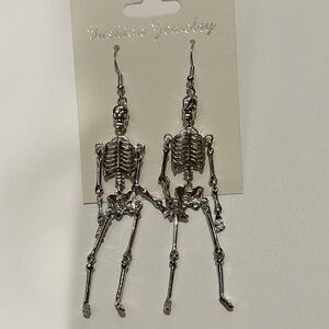 NWT Silver Skeleton Halloween Dangling Hanging Hook Earrings 4 inches Goth